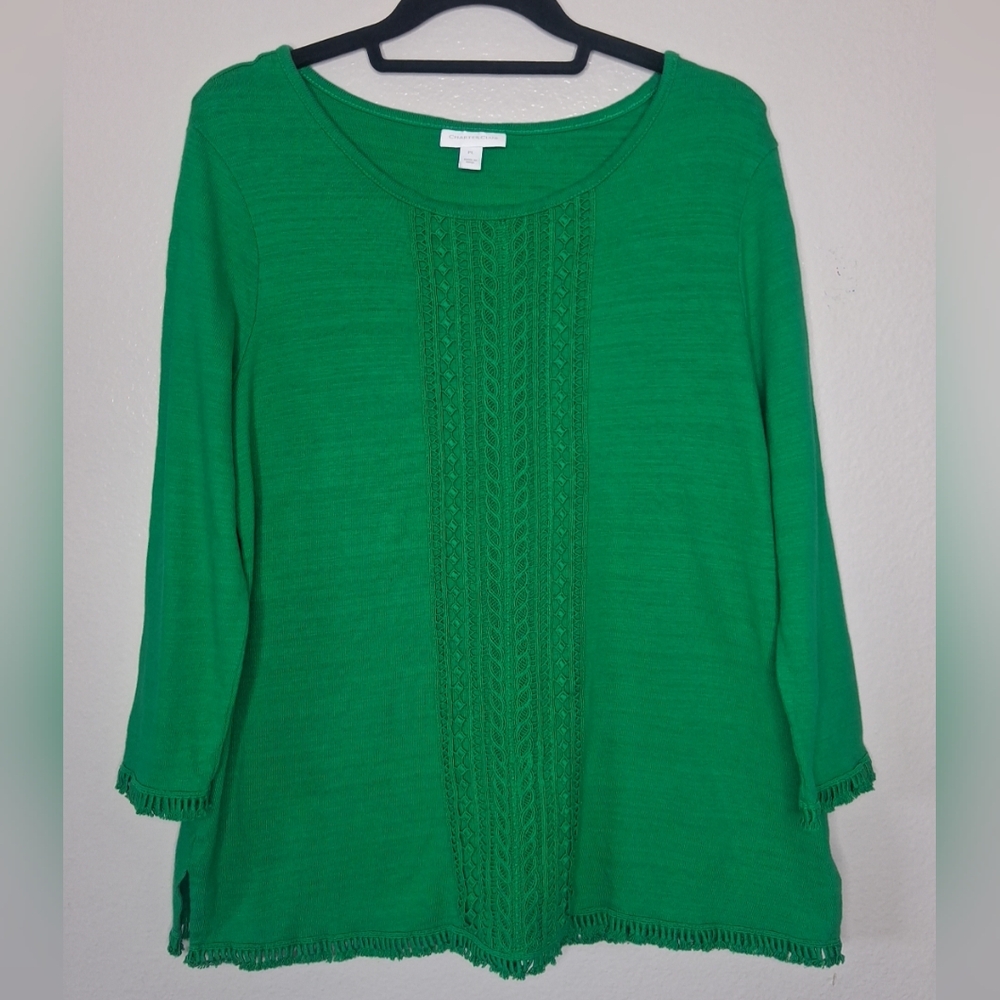 Charter Club Top Long Sleeve Green Round Neck Embroidered Petite Large - Picture 4 of 15